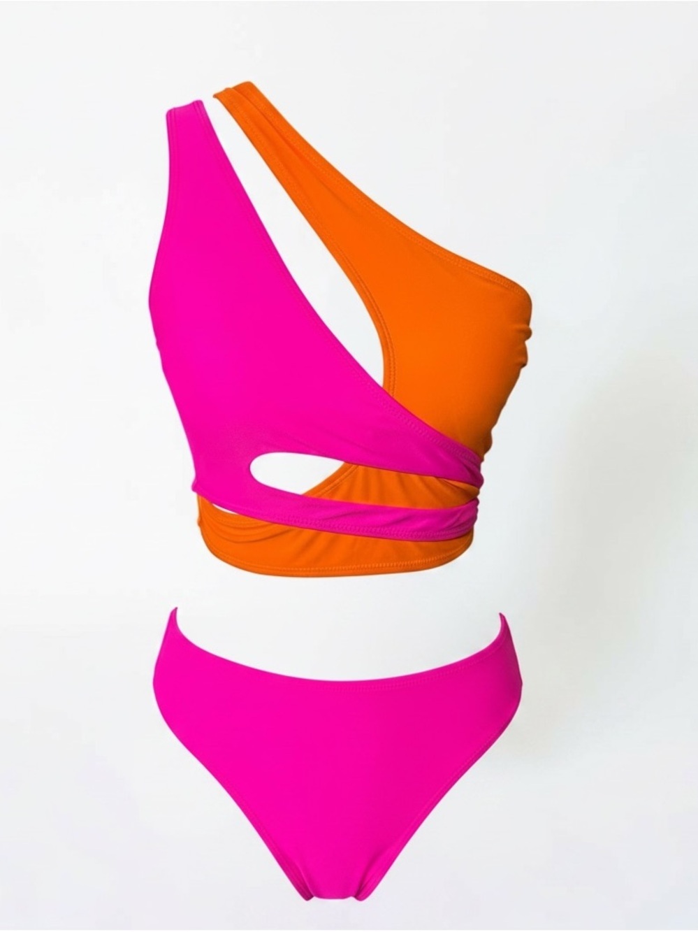 Pink Orange Colorblock One-Shoulder Cutout Bikini Set S L XL NWOT